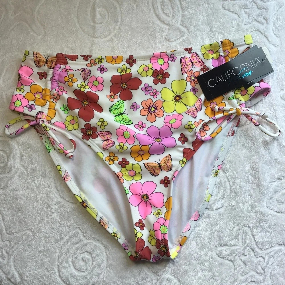 California Waves White Floral Butterfly Cinched High Waist Bikini Bottom -Large